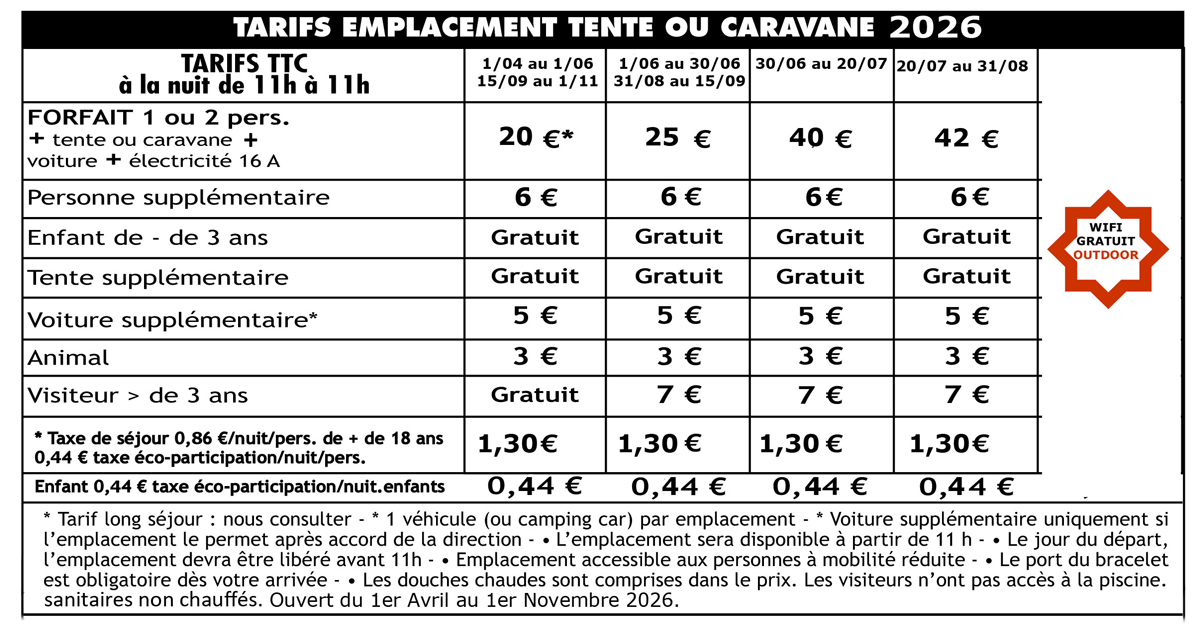 Tarif RÉSERVATION D'EMPLACEMENT 2026